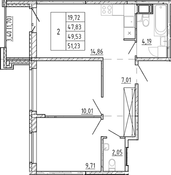 2-комнатная квартира 47.83 м², 12/12 эт., ЖК «Полис Новоселье»